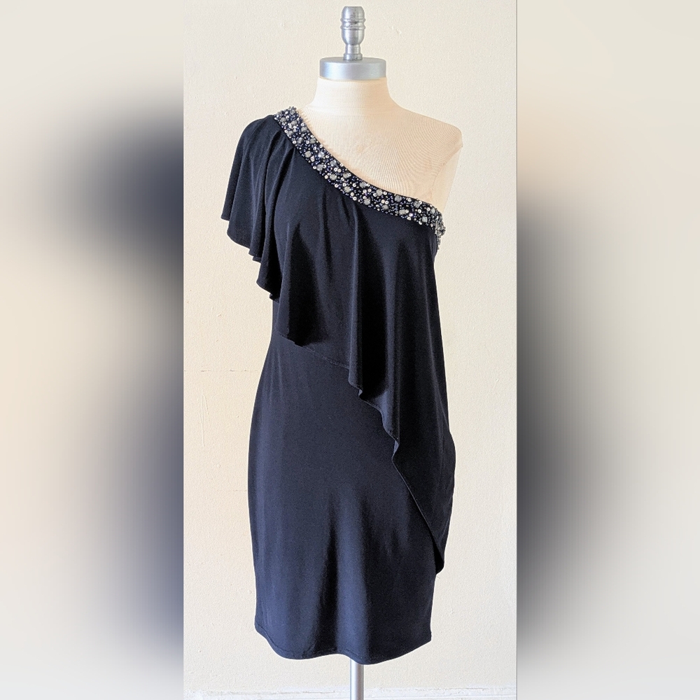 Betsy & Adam Navy One Shoulder Dress with Sequin-Beaded Embellishments, Size 4